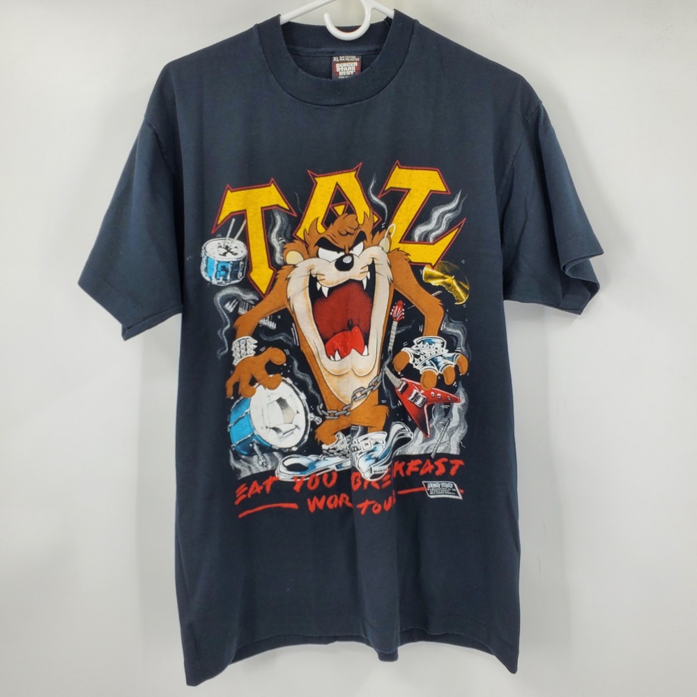 Vintage 1989 Taz Looney Tunes Eat You 4 Breakfast World Tour Shirt XL Black USA
